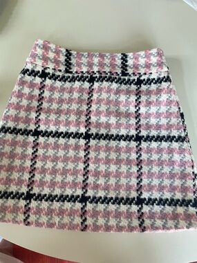 Topshop Pink, White & Black Plaid Tweed Mini Skirt
